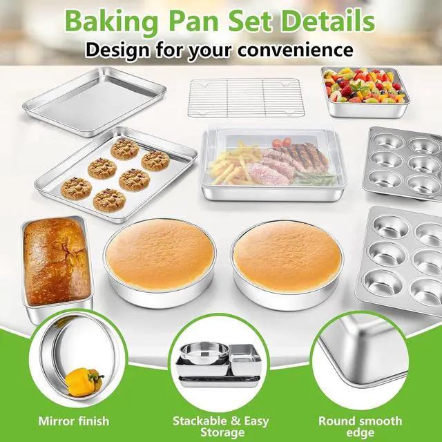 Alt view image 3 of 7 - 11-Piece Stainless Steel Bakeware Set with Baking Sheets, Racks, Lids and Assorted Pans, Oven Dishwasher and Freezer Safe for Home Baking