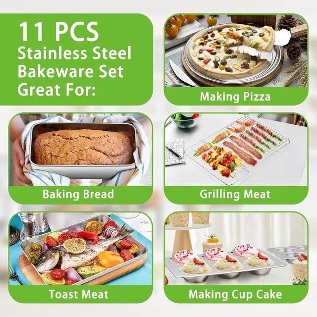 Alt view image 4 of 7 - 11-Piece Stainless Steel Bakeware Set with Baking Sheets, Racks, Lids and Assorted Pans, Oven Dishwasher and Freezer Safe for Home Baking