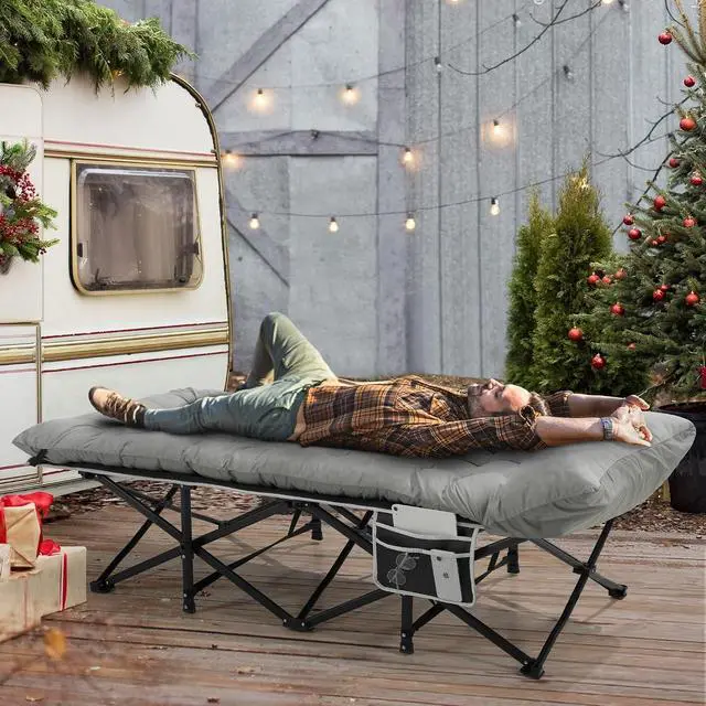 Alt view image 2 of 7 - 32 Inch Extra Wide Folding Camping Cot with Thick Fixed Mattress, Heavy Duty 1200D Oxford Steel Frame Sleeping Bed Supports 600 LBS Portable Foldable Cot for Camping RV Beach Patio Office