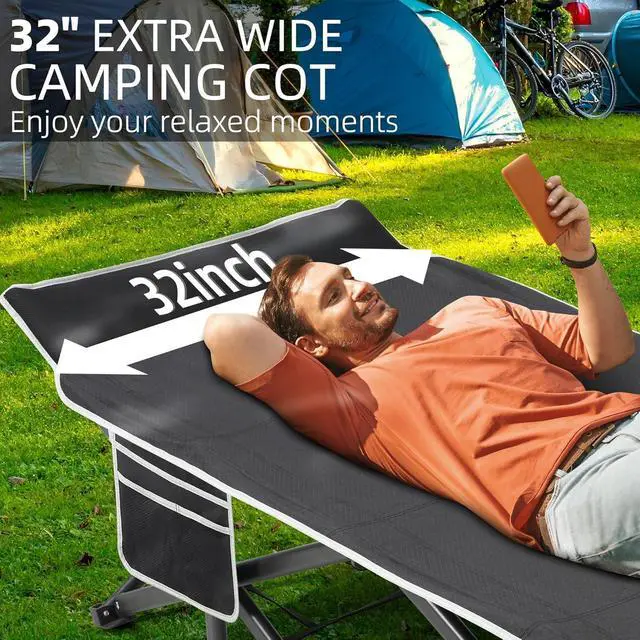 Alt view image 3 of 7 - 32 Inch Extra Wide Folding Camping Cot with Thick Fixed Mattress, Heavy Duty 1200D Oxford Steel Frame Sleeping Bed Supports 600 LBS Portable Foldable Cot for Camping RV Beach Patio Office