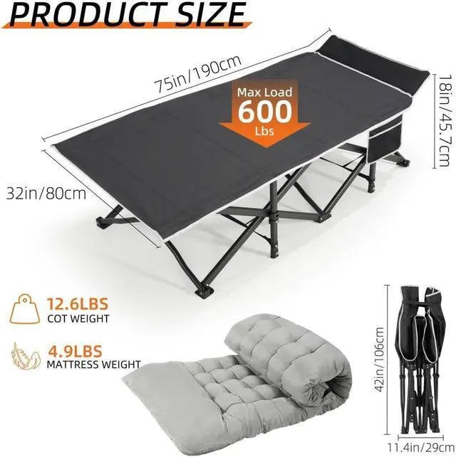 Alt view image 5 of 7 - 32 Inch Extra Wide Folding Camping Cot with Thick Fixed Mattress, Heavy Duty 1200D Oxford Steel Frame Sleeping Bed Supports 600 LBS Portable Foldable Cot for Camping RV Beach Patio Office