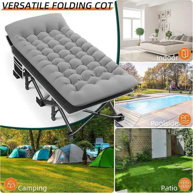 Alt view image 6 of 7 - 32 Inch Extra Wide Folding Camping Cot with Thick Fixed Mattress, Heavy Duty 1200D Oxford Steel Frame Sleeping Bed Supports 600 LBS Portable Foldable Cot for Camping RV Beach Patio Office