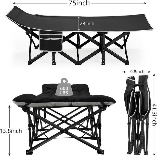 Alt view image 5 of 7 - 28 Inch Extra Wide Folding Sleeping Cot for Adults Heavy Duty 600 LBS Capacity with Detachable Thick Mattress Portable Rest Bed for Camping Office Indoor Use Black