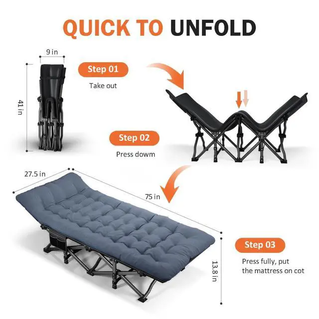 Alt view image 2 of 6 - Folding Camping Cot with Cushion for Adults, Portable Outdoor Sleeping Bed with Heavy Duty Steel Frame Supports 450 Lbs for Camping Beach Office Use
