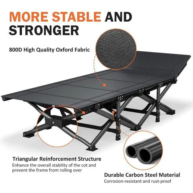 Alt view image 4 of 6 - Folding Camping Cot with Cushion for Adults, Portable Outdoor Sleeping Bed with Heavy Duty Steel Frame Supports 450 Lbs for Camping Beach Office Use