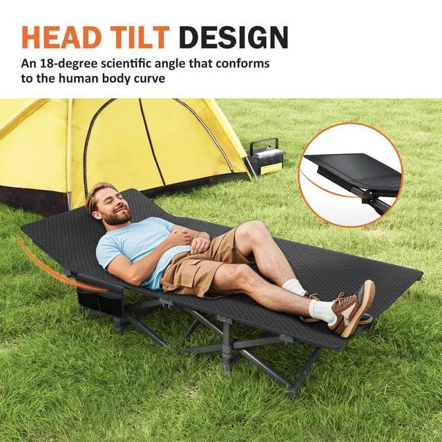 Alt view image 6 of 6 - Folding Camping Cot with Cushion for Adults, Portable Outdoor Sleeping Bed with Heavy Duty Steel Frame Supports 450 Lbs for Camping Beach Office Use