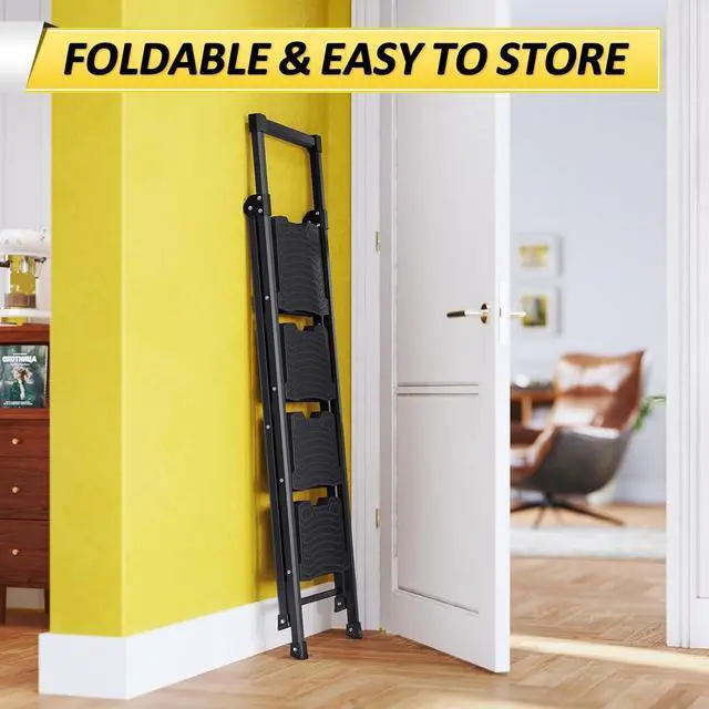 Alt view image 7 of 7 - 4 Step Folding Step Ladder with Anti-Slip Wide Pedals and Handrails, 900 Lbs Capacity Lightweight Household Ladder for Kitchen Pantry Office Garage Use