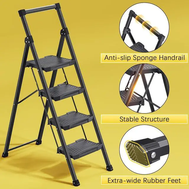 Alt view image 6 of 7 - 4 Step Folding Step Ladder with Anti-Slip Wide Pedals and Handrails, 900 Lbs Capacity Lightweight Household Ladder for Kitchen Pantry Office Garage Use