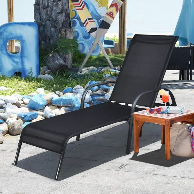 Main image of Outdoor Patio Chaise Lounge Chair, 5-Position Adjustable Backrest, Sturdy Powder-Coated Steel Frame, 350lbs Capacity Sunbathing Recliner for Yard, Balcony, Pool, Beach, Black