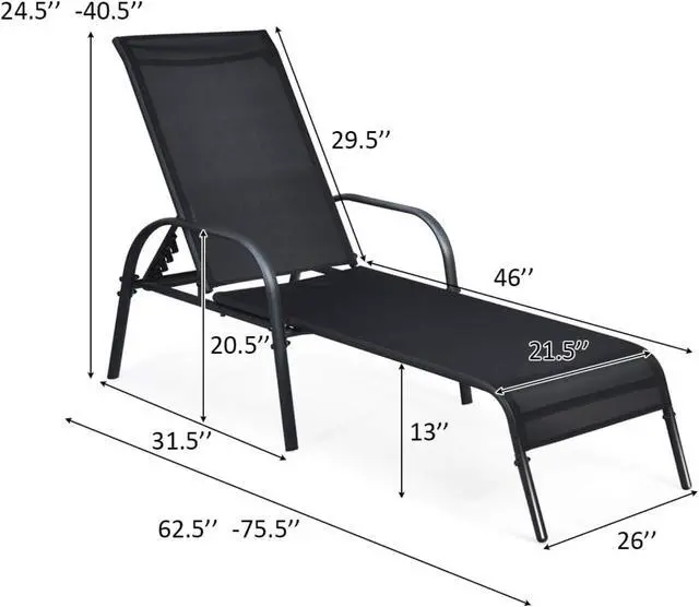 Alt view image 2 of 7 - Outdoor Patio Chaise Lounge Chair, 5-Position Adjustable Backrest, Sturdy Powder-Coated Steel Frame, 350lbs Capacity Sunbathing Recliner for Yard, Balcony, Pool, Beach, Black