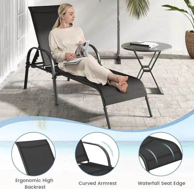 Alt view image 3 of 7 - Outdoor Patio Chaise Lounge Chair, 5-Position Adjustable Backrest, Sturdy Powder-Coated Steel Frame, 350lbs Capacity Sunbathing Recliner for Yard, Balcony, Pool, Beach, Black