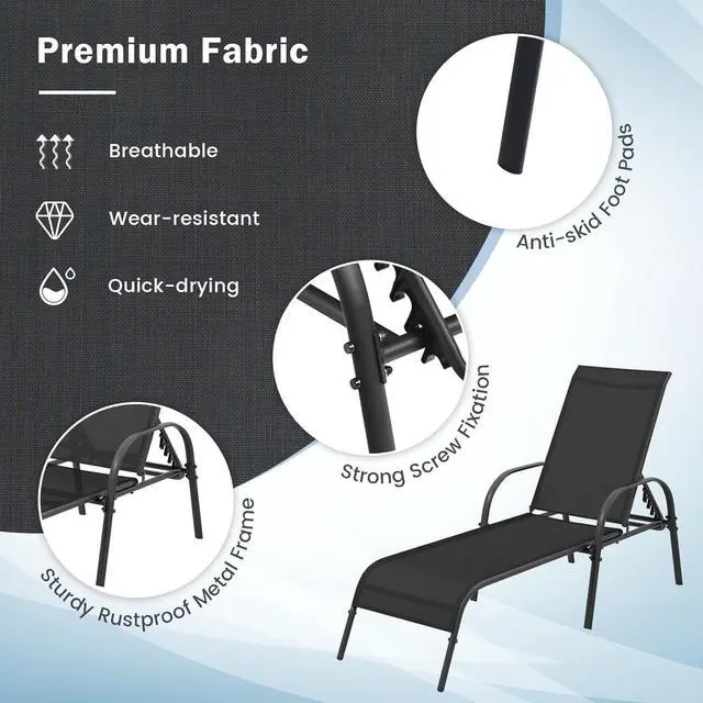Alt view image 4 of 7 - Outdoor Patio Chaise Lounge Chair, 5-Position Adjustable Backrest, Sturdy Powder-Coated Steel Frame, 350lbs Capacity Sunbathing Recliner for Yard, Balcony, Pool, Beach, Black