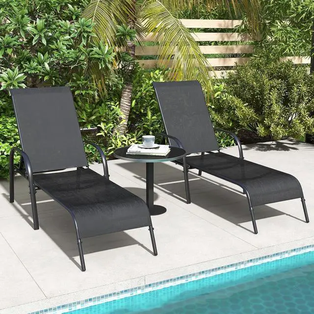 Alt view image 5 of 7 - Outdoor Patio Chaise Lounge Chair, 5-Position Adjustable Backrest, Sturdy Powder-Coated Steel Frame, 350lbs Capacity Sunbathing Recliner for Yard, Balcony, Pool, Beach, Black