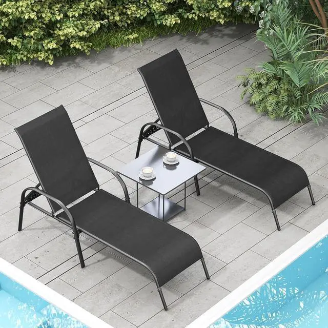 Alt view image 6 of 7 - Outdoor Patio Chaise Lounge Chair, 5-Position Adjustable Backrest, Sturdy Powder-Coated Steel Frame, 350lbs Capacity Sunbathing Recliner for Yard, Balcony, Pool, Beach, Black