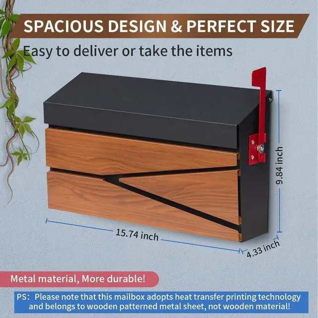 Alt view image 2 of 7 - Rust-Proof Galvanized Steel Wall Mount Mailbox, Wooden Pattern Weather Resistant Outdoor Mail Box with Mail Flag Kit, Large Capacity Residential Post Drop Box for Outside Home Exterior Use
