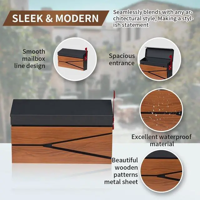 Alt view image 3 of 7 - Rust-Proof Galvanized Steel Wall Mount Mailbox, Wooden Pattern Weather Resistant Outdoor Mail Box with Mail Flag Kit, Large Capacity Residential Post Drop Box for Outside Home Exterior Use