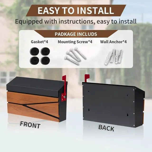 Alt view image 4 of 7 - Rust-Proof Galvanized Steel Wall Mount Mailbox, Wooden Pattern Weather Resistant Outdoor Mail Box with Mail Flag Kit, Large Capacity Residential Post Drop Box for Outside Home Exterior Use