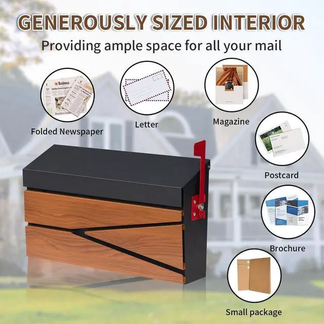 Alt view image 5 of 7 - Rust-Proof Galvanized Steel Wall Mount Mailbox, Wooden Pattern Weather Resistant Outdoor Mail Box with Mail Flag Kit, Large Capacity Residential Post Drop Box for Outside Home Exterior Use