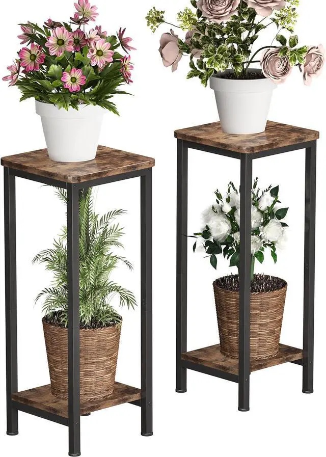 Main image of 2-Pack 2-Tier Rustic Brown Wood Plant Stand, Square Corner Vertical Plant Shelf with Sturdy Metal Frame, Space Saving Indoor Outdoor Flower Display Stand for Living Room Patio Balcony Garden Office