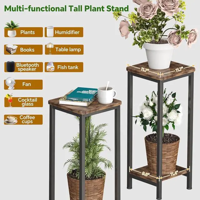 Alt view image 3 of 7 - 2-Pack 2-Tier Rustic Brown Wood Plant Stand, Square Corner Vertical Plant Shelf with Sturdy Metal Frame, Space Saving Indoor Outdoor Flower Display Stand for Living Room Patio Balcony Garden Office