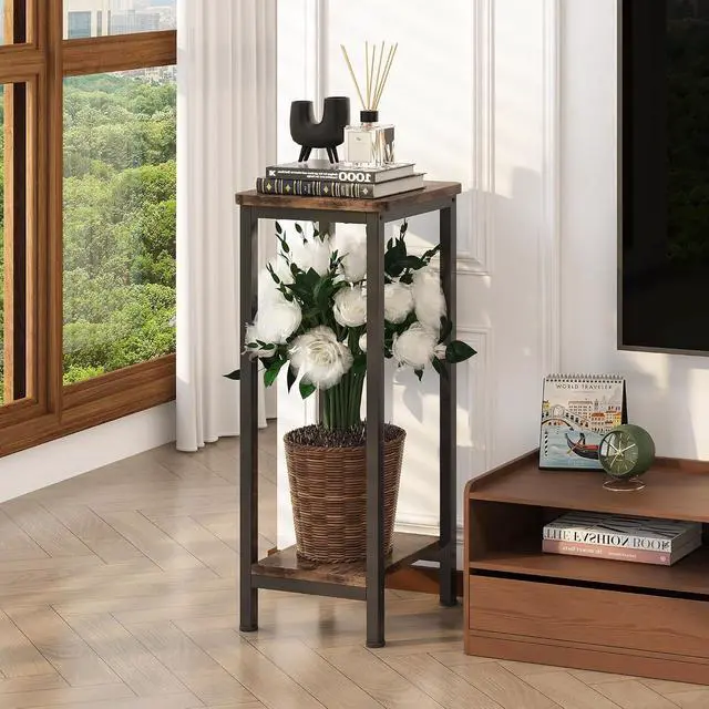Alt view image 5 of 7 - 2-Pack 2-Tier Rustic Brown Wood Plant Stand, Square Corner Vertical Plant Shelf with Sturdy Metal Frame, Space Saving Indoor Outdoor Flower Display Stand for Living Room Patio Balcony Garden Office