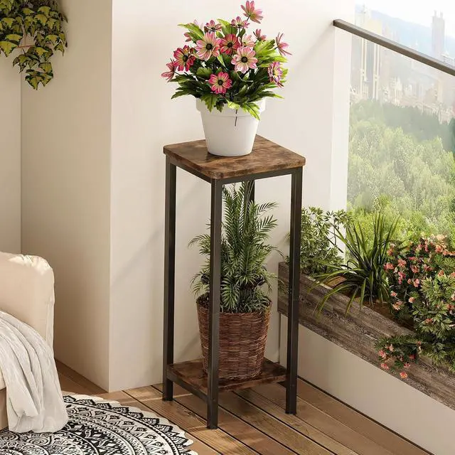 Alt view image 4 of 7 - 2-Pack 2-Tier Rustic Brown Wood Plant Stand, Square Corner Vertical Plant Shelf with Sturdy Metal Frame, Space Saving Indoor Outdoor Flower Display Stand for Living Room Patio Balcony Garden Office