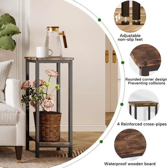 Alt view image 7 of 7 - 2-Pack 2-Tier Rustic Brown Wood Plant Stand, Square Corner Vertical Plant Shelf with Sturdy Metal Frame, Space Saving Indoor Outdoor Flower Display Stand for Living Room Patio Balcony Garden Office