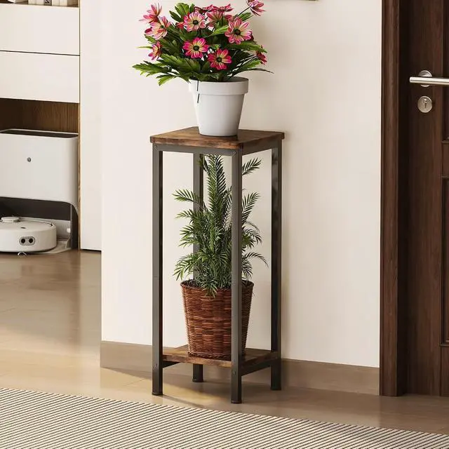 Alt view image 6 of 7 - 2-Pack 2-Tier Rustic Brown Wood Plant Stand, Square Corner Vertical Plant Shelf with Sturdy Metal Frame, Space Saving Indoor Outdoor Flower Display Stand for Living Room Patio Balcony Garden Office