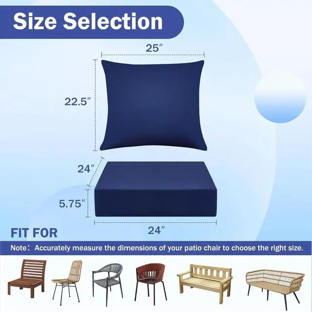 Alt view image 2 of 7 - Waterproof Fade Resistant Outdoor Chair Cushions Set, 24x24 Inch Deep Patio Furniture Cushions with Handle & Ties, Navy Blue (1 Seat + 1 Back Cushion)
