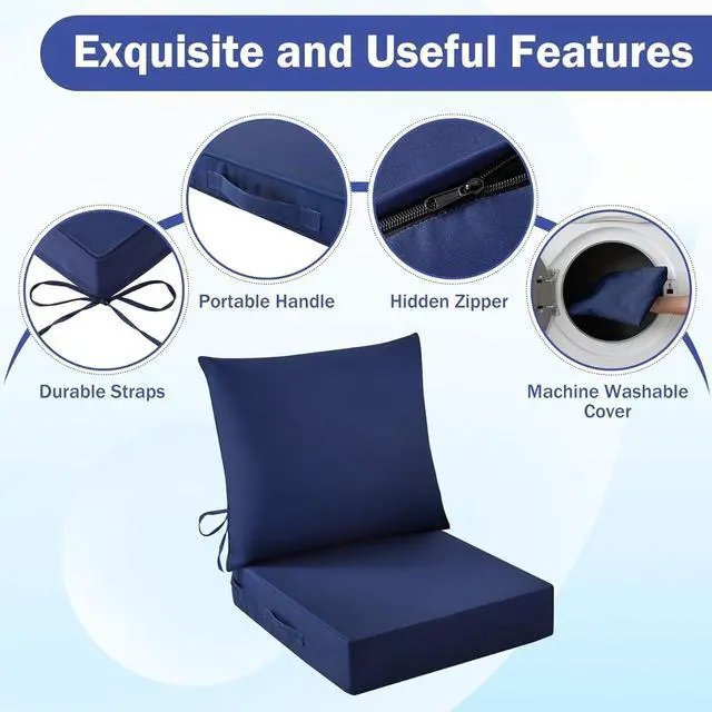 Alt view image 5 of 7 - Waterproof Fade Resistant Outdoor Chair Cushions Set, 24x24 Inch Deep Patio Furniture Cushions with Handle & Ties, Navy Blue (1 Seat + 1 Back Cushion)