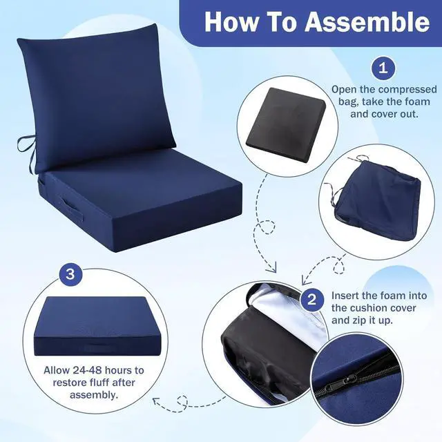 Alt view image 7 of 7 - Waterproof Fade Resistant Outdoor Chair Cushions Set, 24x24 Inch Deep Patio Furniture Cushions with Handle & Ties, Navy Blue (1 Seat + 1 Back Cushion)