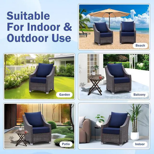 Alt view image 6 of 7 - Waterproof Fade Resistant Outdoor Chair Cushions Set, 24x24 Inch Deep Patio Furniture Cushions with Handle & Ties, Navy Blue (1 Seat + 1 Back Cushion)