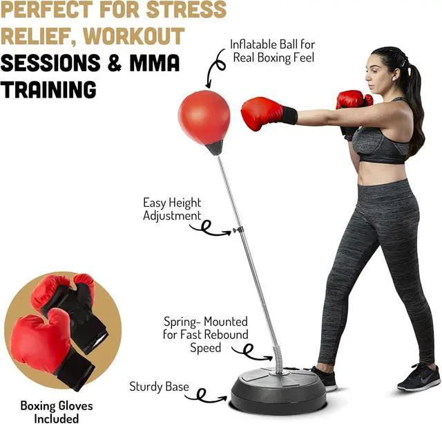 Alt view image 3 of 7 - Height Adjustable Freestanding Punching Bag with Stand, Speed Bag for Boxing Training, Stress Relief and Home Fitness for Teens and Adults