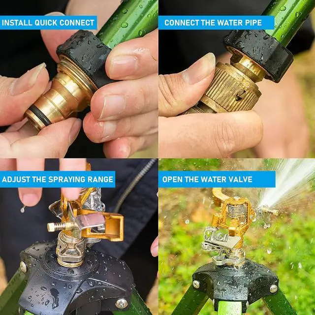 Alt view image 5 of 7 - 2 Pack 360 Degree Rotating Impact Sprinkler, Zinc Alloy Adjustable Tripod Lawn Sprinkler, 16-37 Inch Height Irrigation Sprinkler, 20-35FT Spray Range with 3/4 Inch Hose Connector