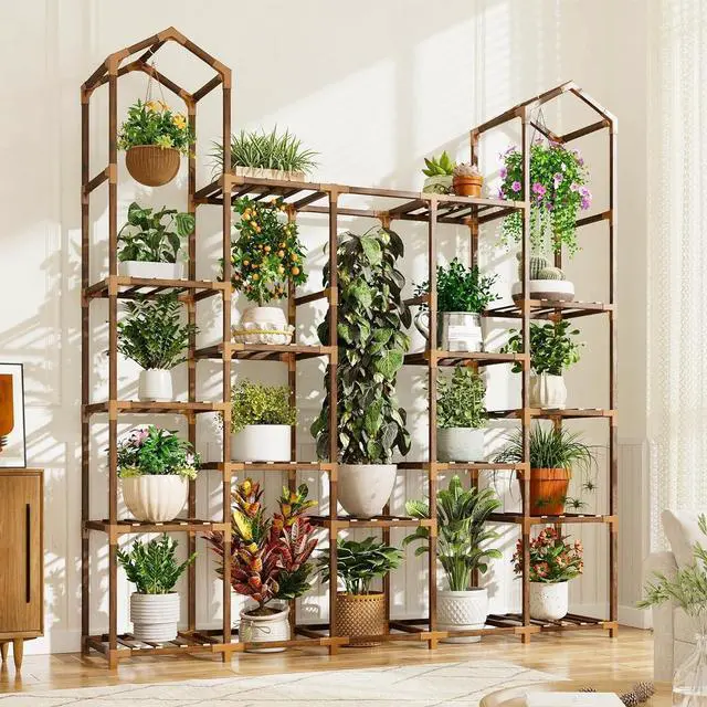 Main image of Tiered Wood Plant Stand, Tall Corner Plant Shelf for 19-25 Pots, Hanging Plant Holder for Multiple Plants, Indoor Outdoor Use for Garden Balcony Patio Window Porch
