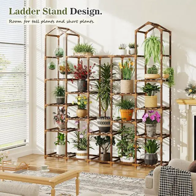 Alt view image 3 of 7 - Tiered Wood Plant Stand, Tall Corner Plant Shelf for 19-25 Pots, Hanging Plant Holder for Multiple Plants, Indoor Outdoor Use for Garden Balcony Patio Window Porch