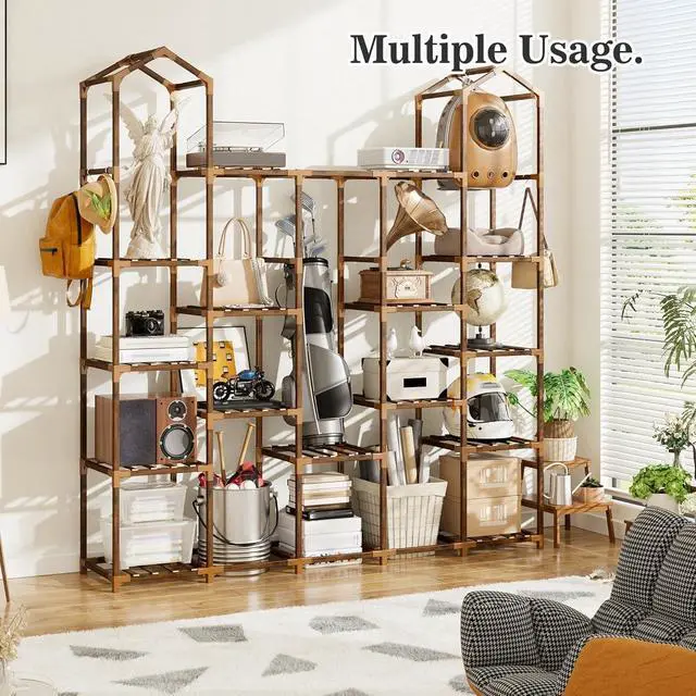 Alt view image 2 of 7 - Tiered Wood Plant Stand, Tall Corner Plant Shelf for 19-25 Pots, Hanging Plant Holder for Multiple Plants, Indoor Outdoor Use for Garden Balcony Patio Window Porch