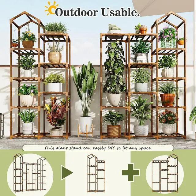 Alt view image 7 of 7 - Tiered Wood Plant Stand, Tall Corner Plant Shelf for 19-25 Pots, Hanging Plant Holder for Multiple Plants, Indoor Outdoor Use for Garden Balcony Patio Window Porch