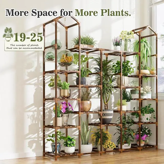 Alt view image 6 of 7 - Tiered Wood Plant Stand, Tall Corner Plant Shelf for 19-25 Pots, Hanging Plant Holder for Multiple Plants, Indoor Outdoor Use for Garden Balcony Patio Window Porch