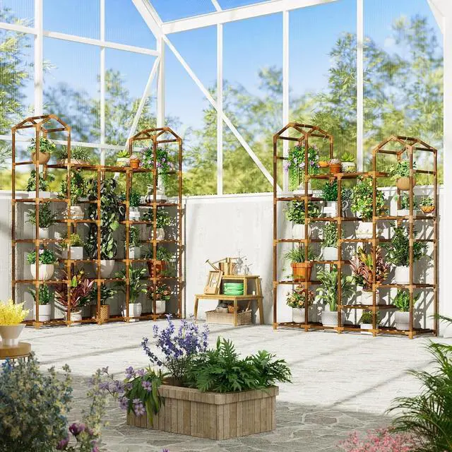 Alt view image 4 of 7 - Tiered Wood Plant Stand, Tall Corner Plant Shelf for 19-25 Pots, Hanging Plant Holder for Multiple Plants, Indoor Outdoor Use for Garden Balcony Patio Window Porch