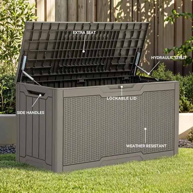 Alt view image 3 of 7 - 80 Gallon Outdoor Storage Box Water Resistant Resin Deck Box Lockable Rattan Storage Container for Patio Garden Cushions Tools Equipment Taupe