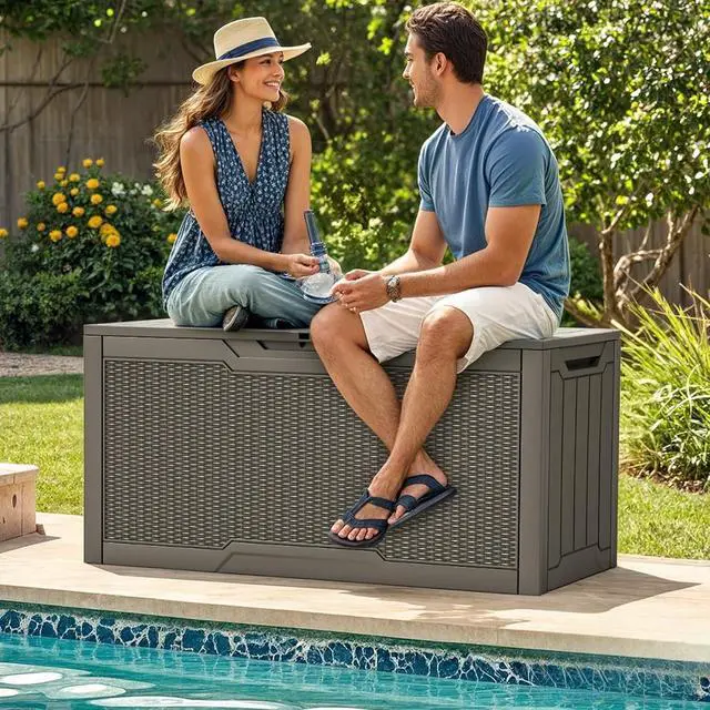 Alt view image 2 of 7 - 80 Gallon Outdoor Storage Box Water Resistant Resin Deck Box Lockable Rattan Storage Container for Patio Garden Cushions Tools Equipment Taupe
