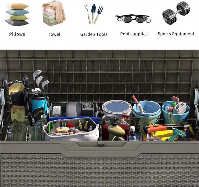 Alt view image 4 of 7 - 80 Gallon Outdoor Storage Box Water Resistant Resin Deck Box Lockable Rattan Storage Container for Patio Garden Cushions Tools Equipment Taupe