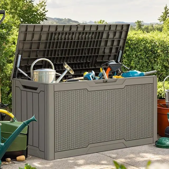 Alt view image 7 of 7 - 80 Gallon Outdoor Storage Box Water Resistant Resin Deck Box Lockable Rattan Storage Container for Patio Garden Cushions Tools Equipment Taupe
