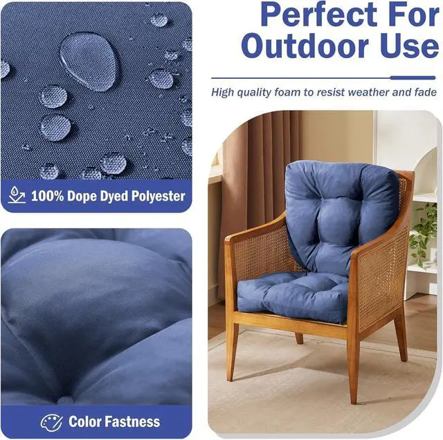 Alt view image 2 of 6 - Set of 4 Waterproof Outdoor Chair Cushions, 19x19x5 Inch Tufted Patio Seat Pads with Fastening Ties, Soft High Density Foam Replacement Cushion for Garden Dining Wicker Chair, Navy