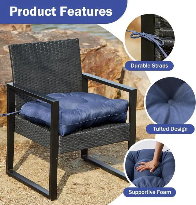 Alt view image 5 of 6 - Set of 4 Waterproof Outdoor Chair Cushions, 19x19x5 Inch Tufted Patio Seat Pads with Fastening Ties, Soft High Density Foam Replacement Cushion for Garden Dining Wicker Chair, Navy