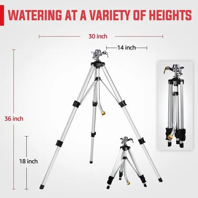 Alt view image 4 of 7 - Adjustable Tripod Impact Sprinkler, 360 Degree Large Coverage, Heavy Duty Zinc Head (36inch), 2Pcs, Sprays 20-90ft for Lawn Yard Grass