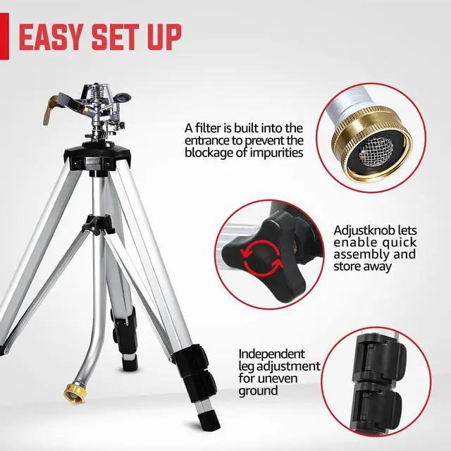 Alt view image 6 of 7 - Adjustable Tripod Impact Sprinkler, 360 Degree Large Coverage, Heavy Duty Zinc Head (36inch), 2Pcs, Sprays 20-90ft for Lawn Yard Grass