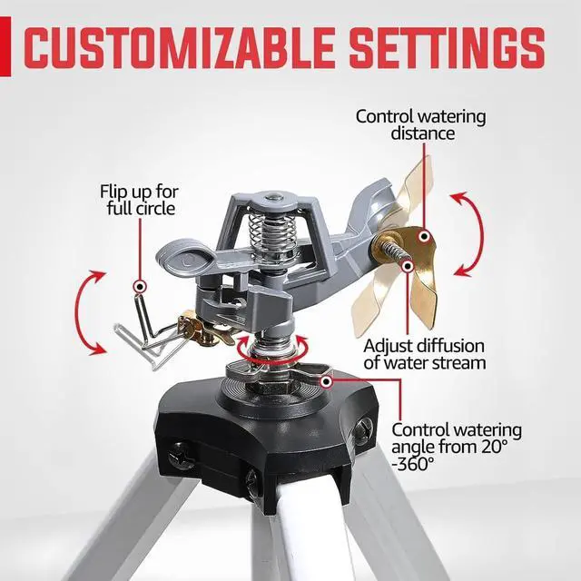 Alt view image 5 of 7 - Adjustable Tripod Impact Sprinkler, 360 Degree Large Coverage, Heavy Duty Zinc Head (36inch), 2Pcs, Sprays 20-90ft for Lawn Yard Grass