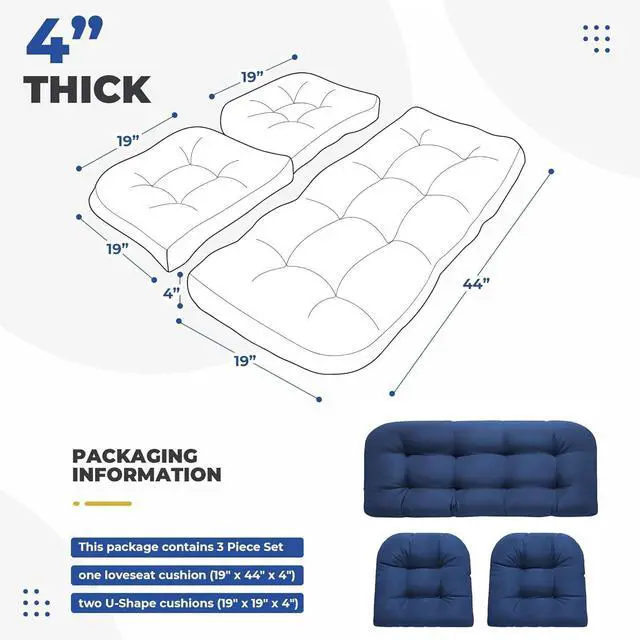 Alt view image 2 of 6 - Waterproof 3-Piece Wicker Chair Cushions Set, Outdoor Loveseat & 2 U-Shaped Patio Furniture Cushions, 4-Inch Thick, Blue